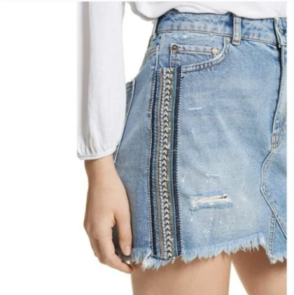 Free People Embellished Denim Mini Skirt Size 4 - Picture 7 of 11